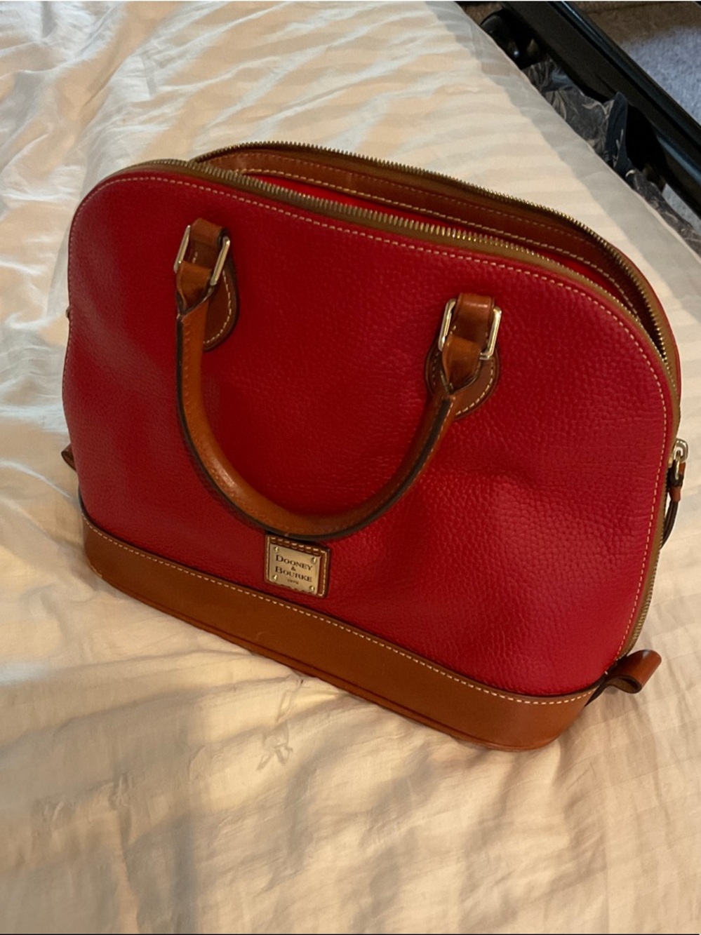 Dooney & Bourke Red Leather Satchel with Tan Trim